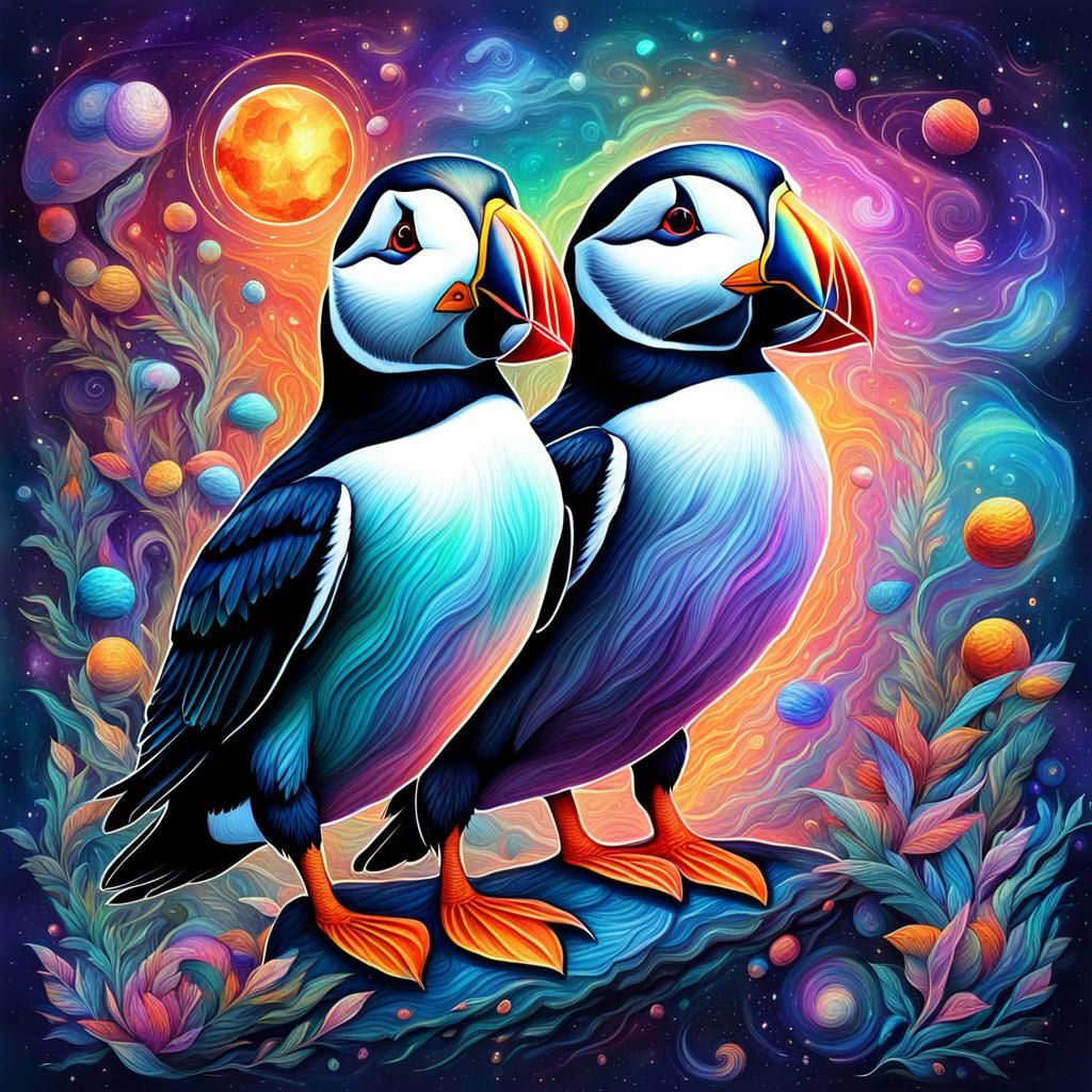 Puffin Birds in Holographic Cosmic Illustration
