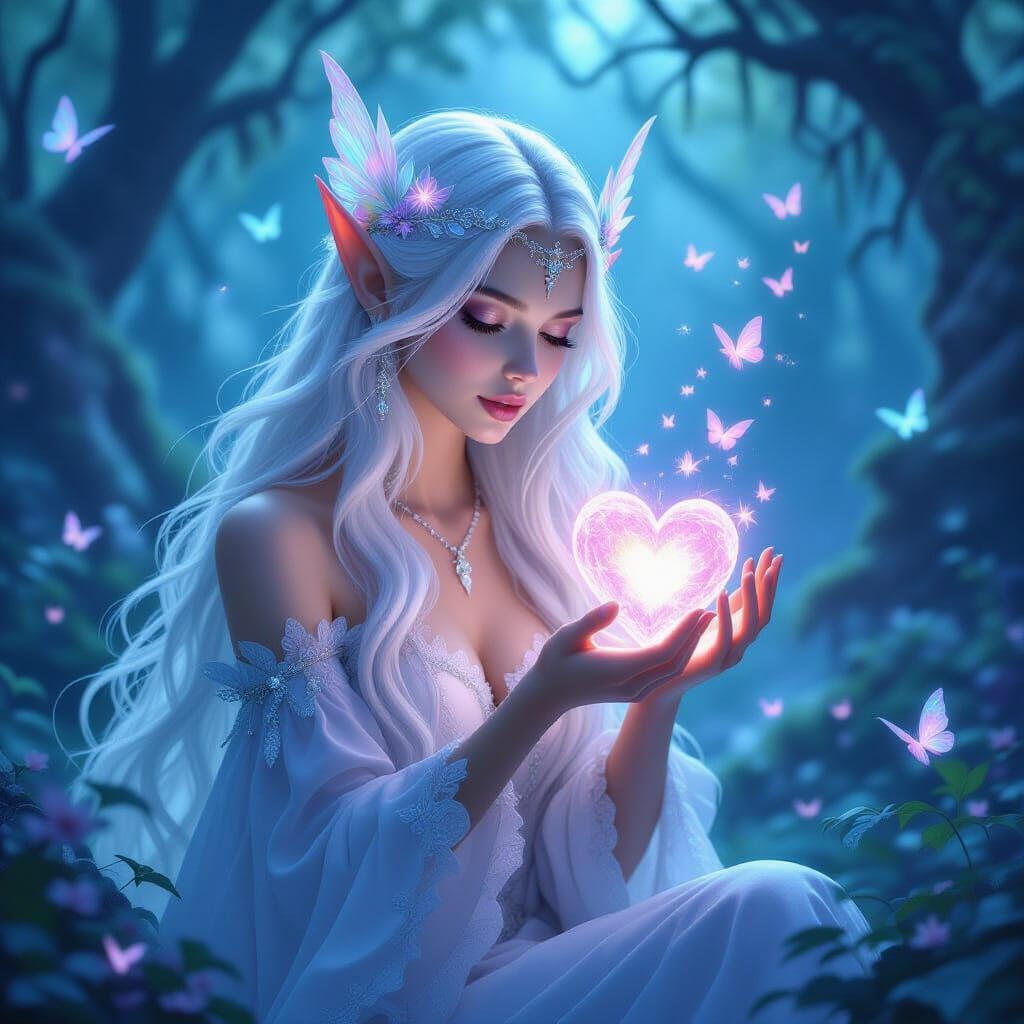 Ethereal Fairy Woman Holds Crystal Heart in Twilight Forest