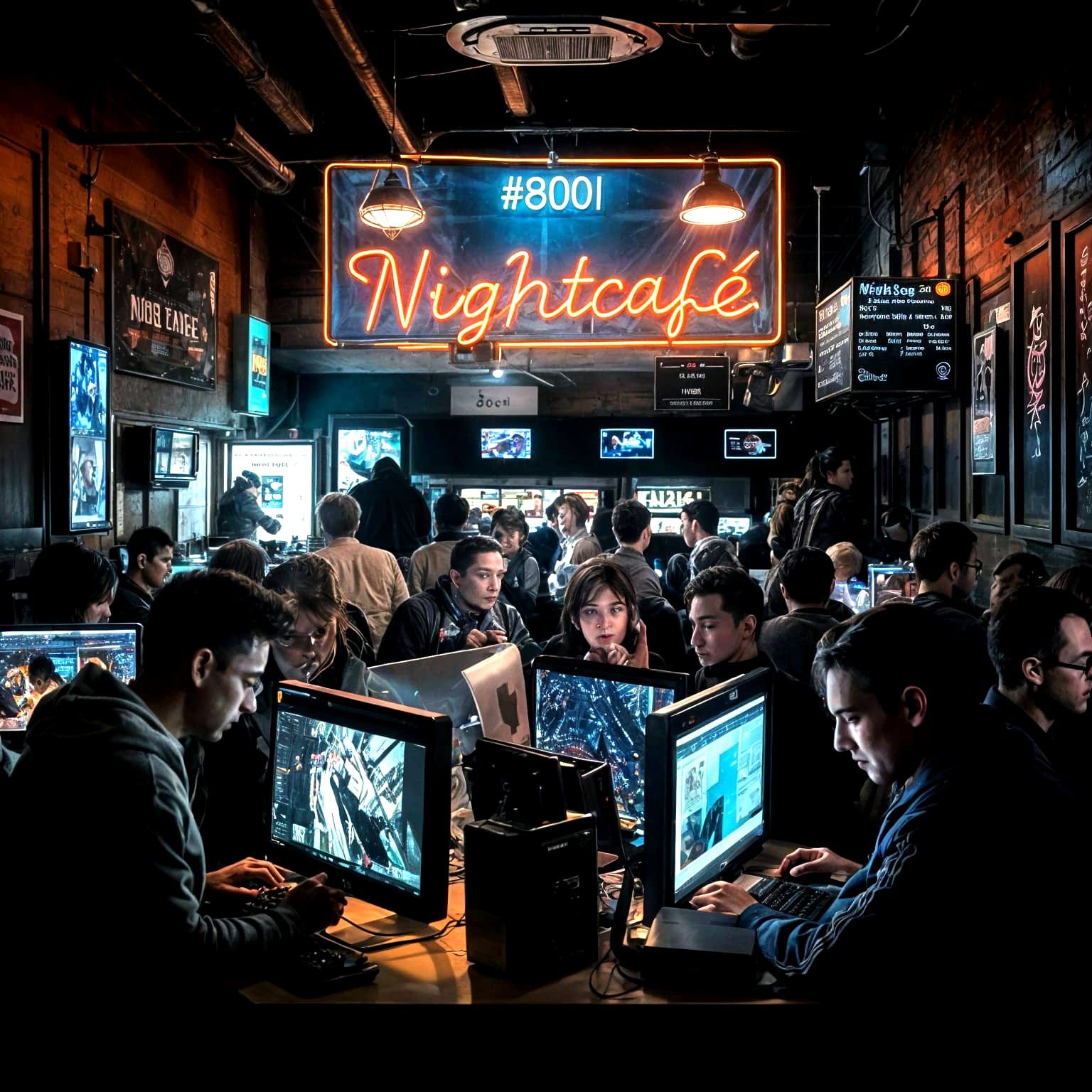 Digital Artists in a Bustling Cyberpunk Cafe