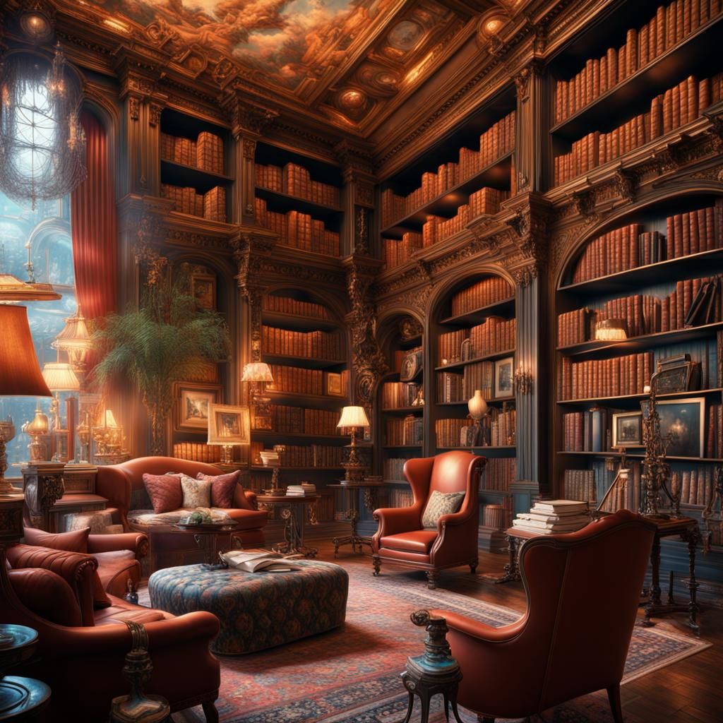 Maximalist Library: Detailed Digital Matte Painting