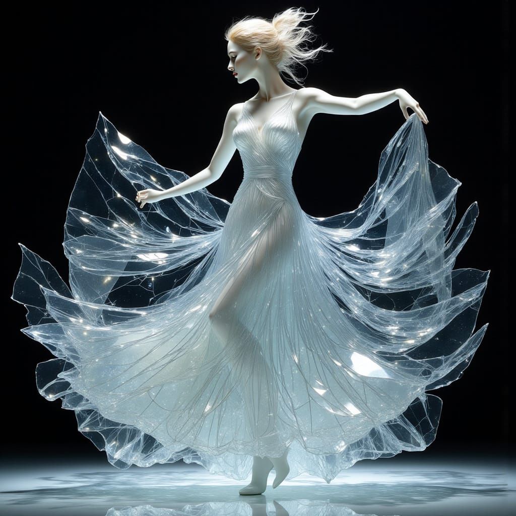 Glass Sculpture Portrait of Woman Dancing in Ink Wash Style