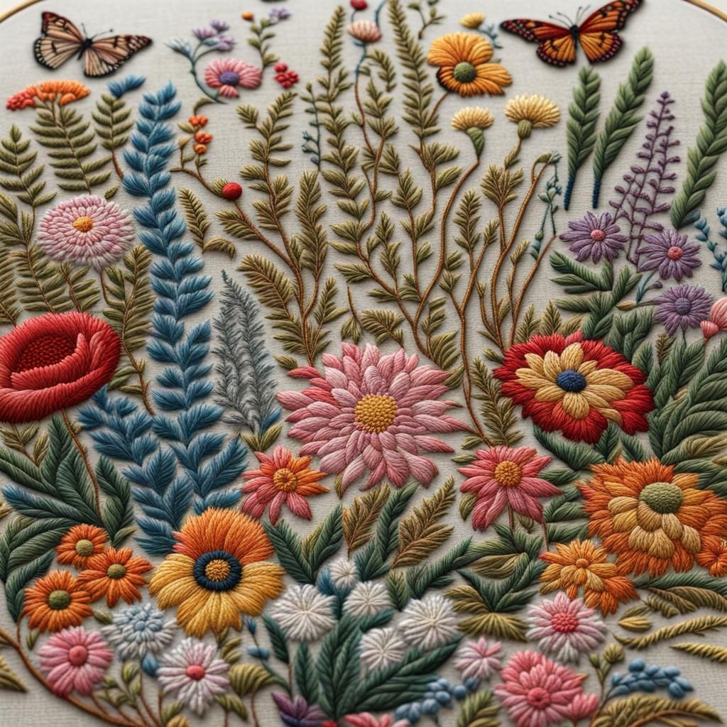Detailed Colorful Botanical Garden Embroidery