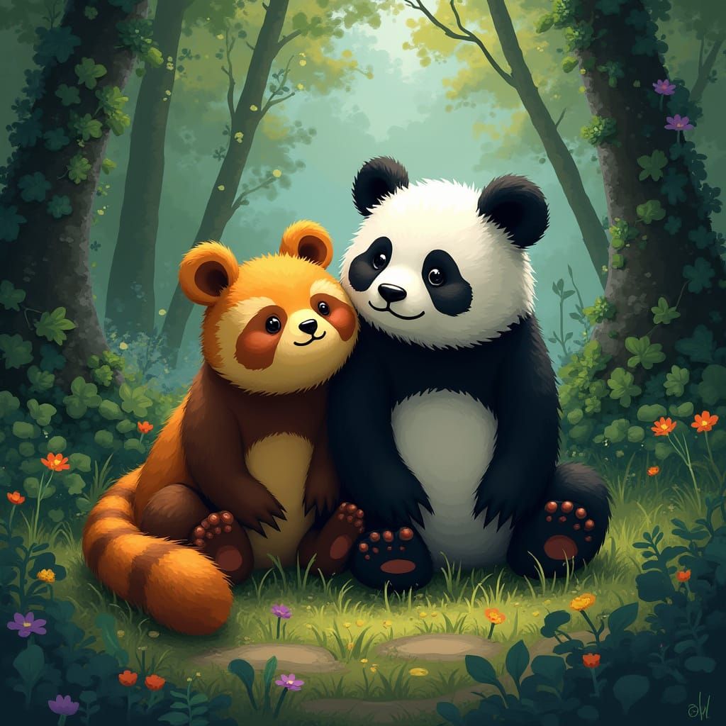 Capybara and Panda in Colorful Forest