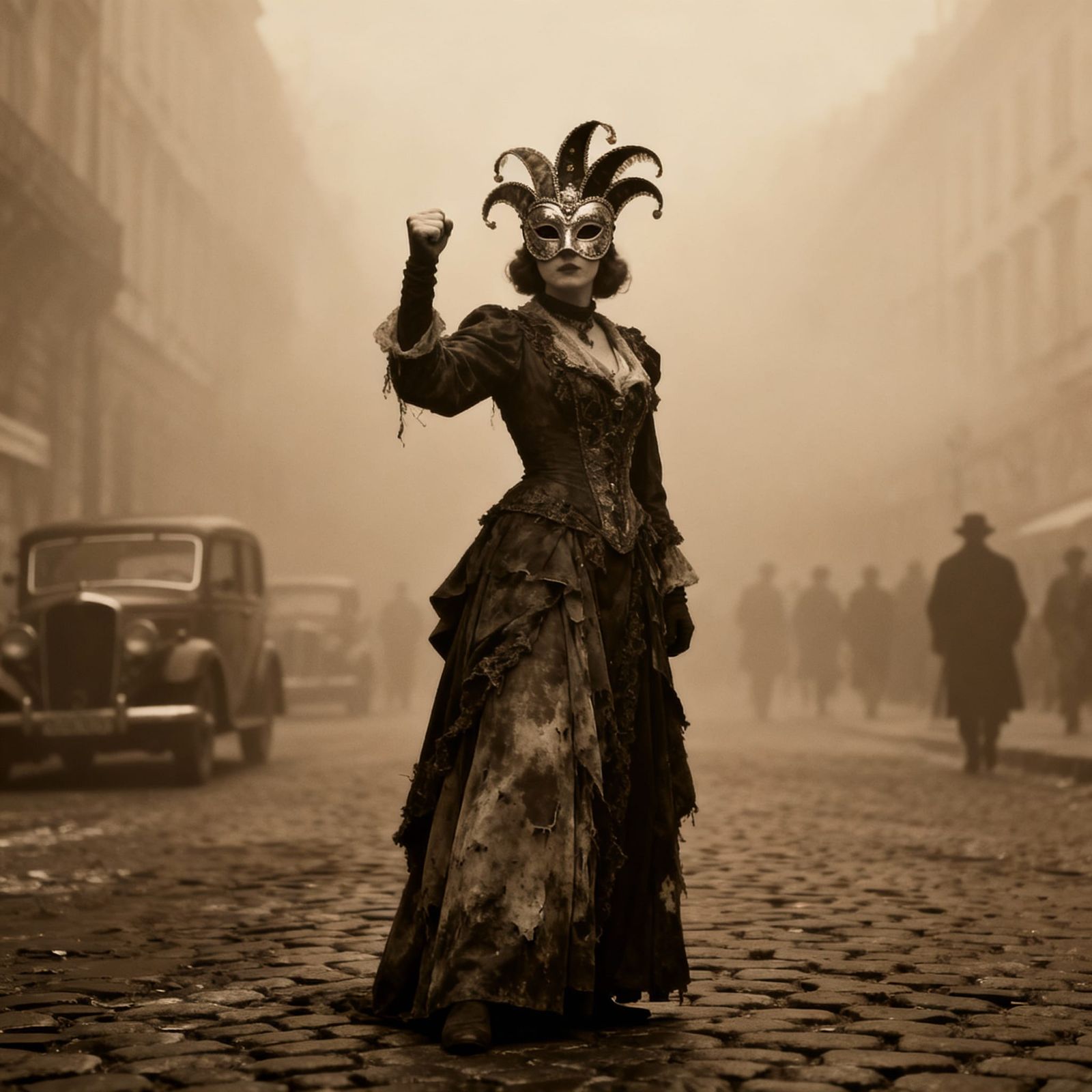 Venetian Masked Woman in Sepia Fog