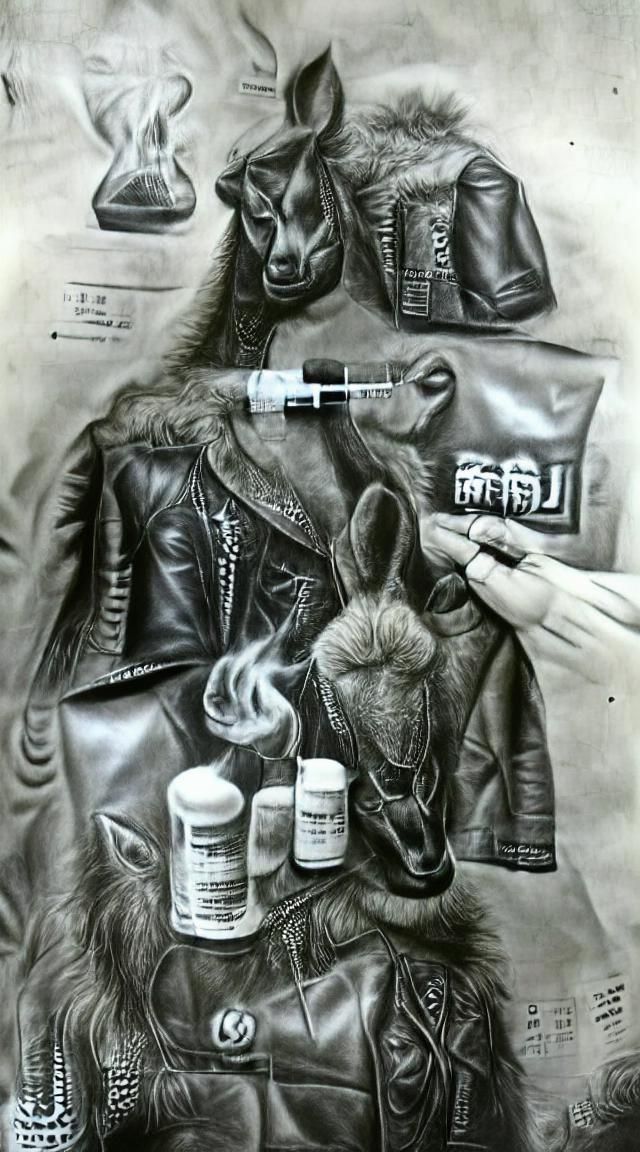 Llama in Leather Coat: Hyperdetailed Charcoal Drawing