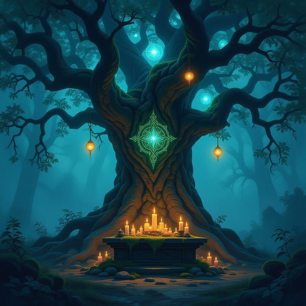 Ancient Oak in Misty Forest with Runes and Orbs