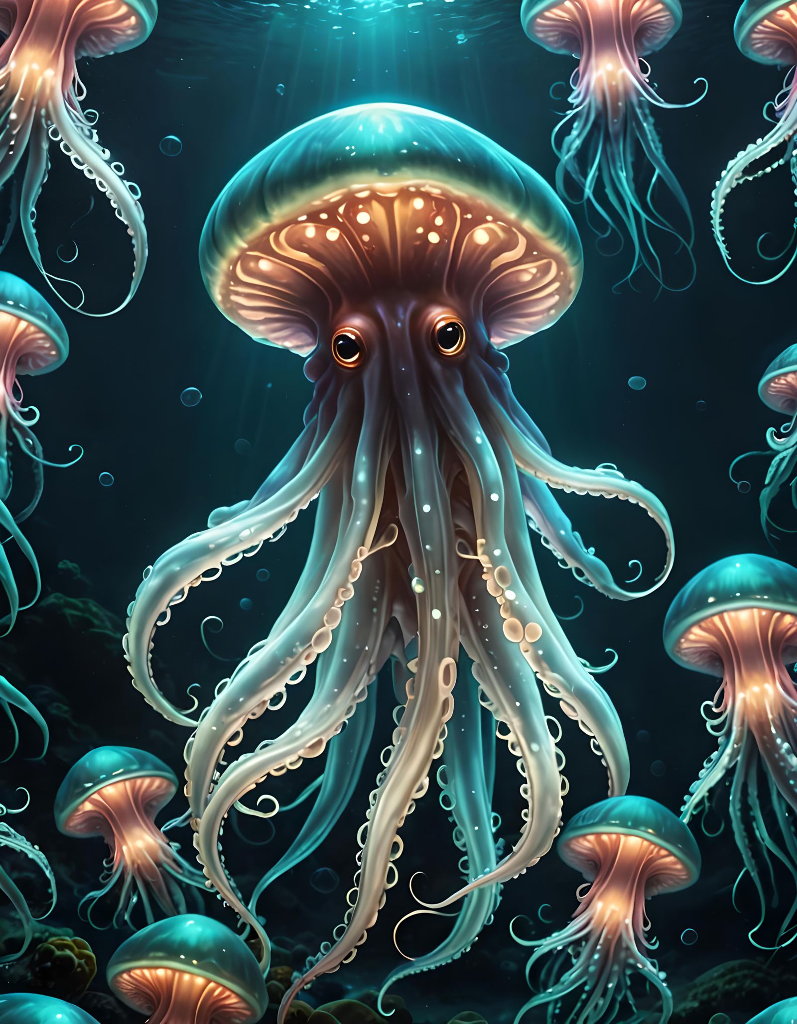 Bioluminescent Squid in the Deep Ocean