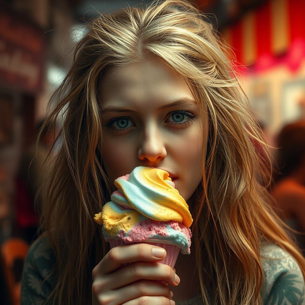 Emotional Woman Enjoys Colorful Ice Cream
