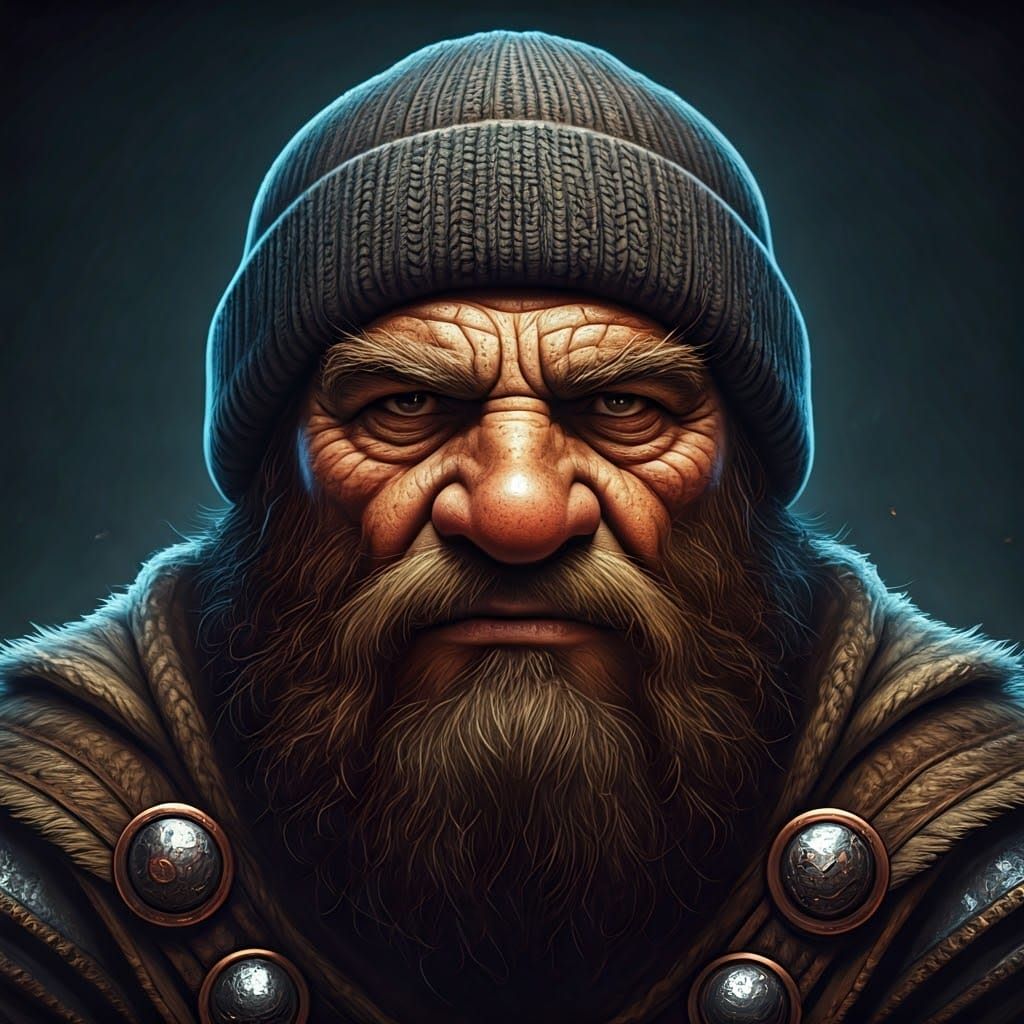 Stern Dwarf Barbarian in Intricate Knit Beanie