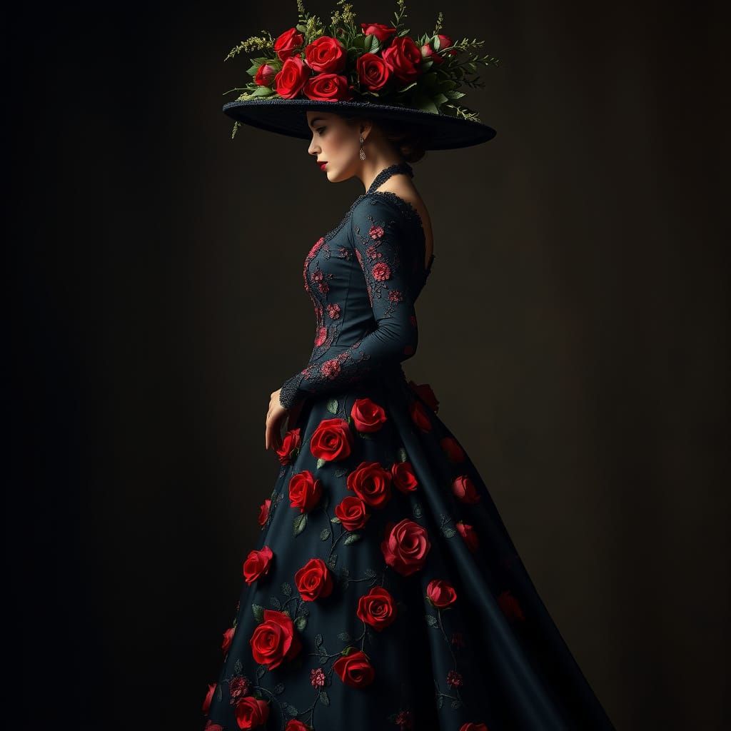 Elegant Figure in Rose Embellished Gown with Extravagant Hat