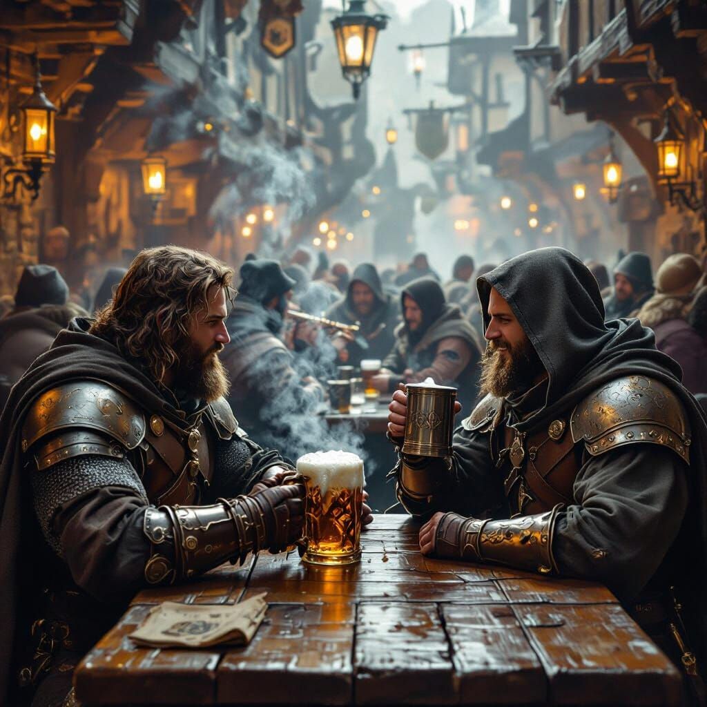 Medieval Explorers in Bustling Tavern, Kinkade Style