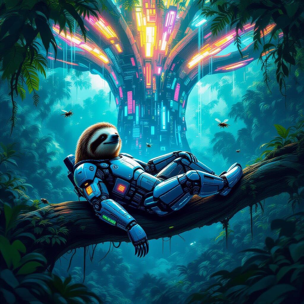 Cyberpunk Sloth on Glowing Tree in Neon Jungle