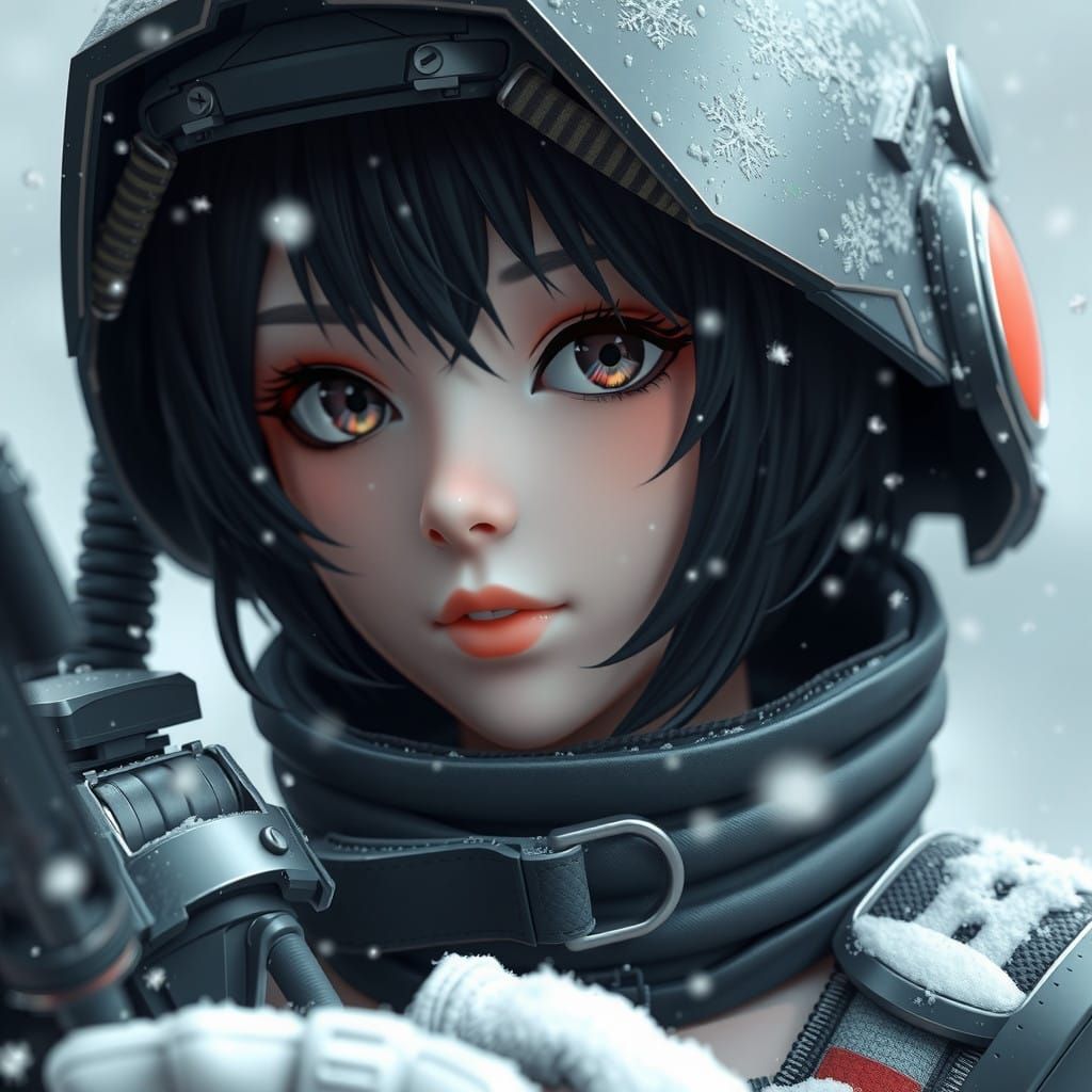Scifi Soldier Anime Girl in a snow storm...