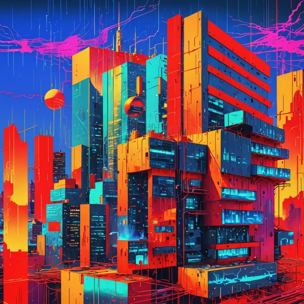 Cyberpunk Dystopian Cityscape with Glitch Art Textures