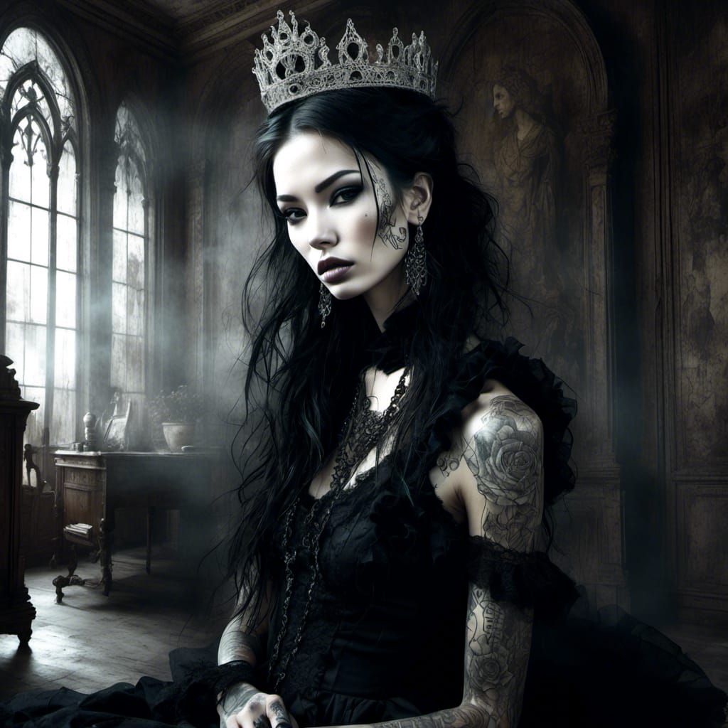 Gothic Woman in Gown and Crown, Grunge Style