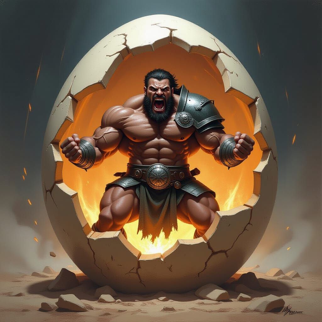 Furious Warrior in Egg, Fantasy Art Style
