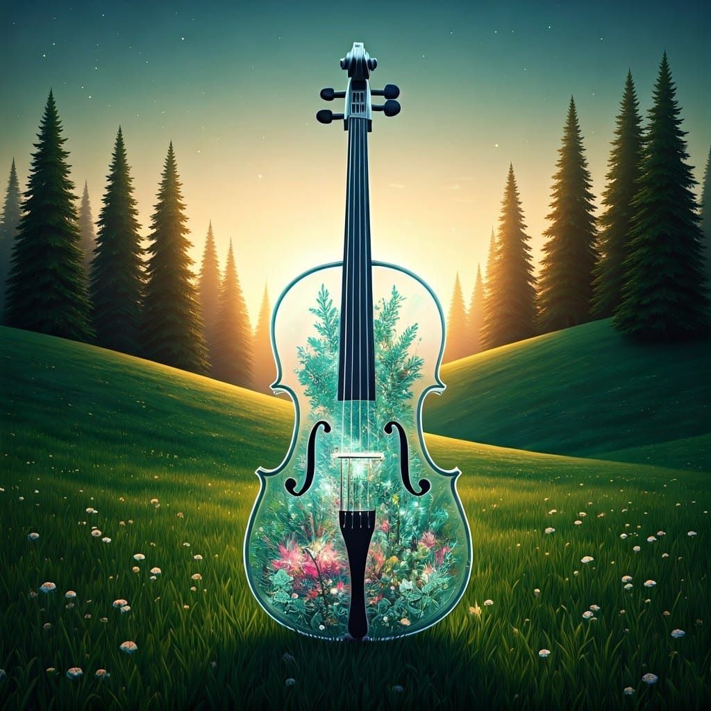 Surreal Cello in Mystical Landscape Digital Art