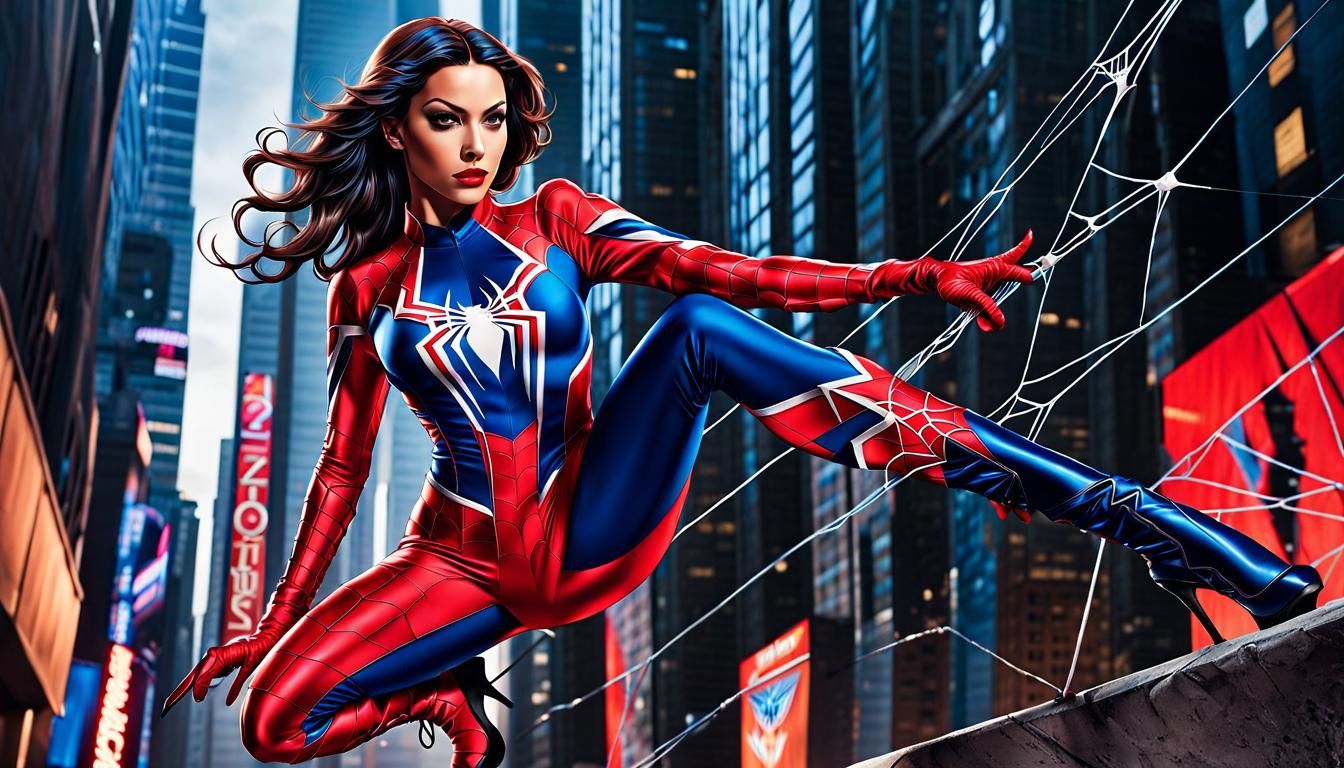 Dynamic Spiderwoman in Vibrant Red and Blue Suit
