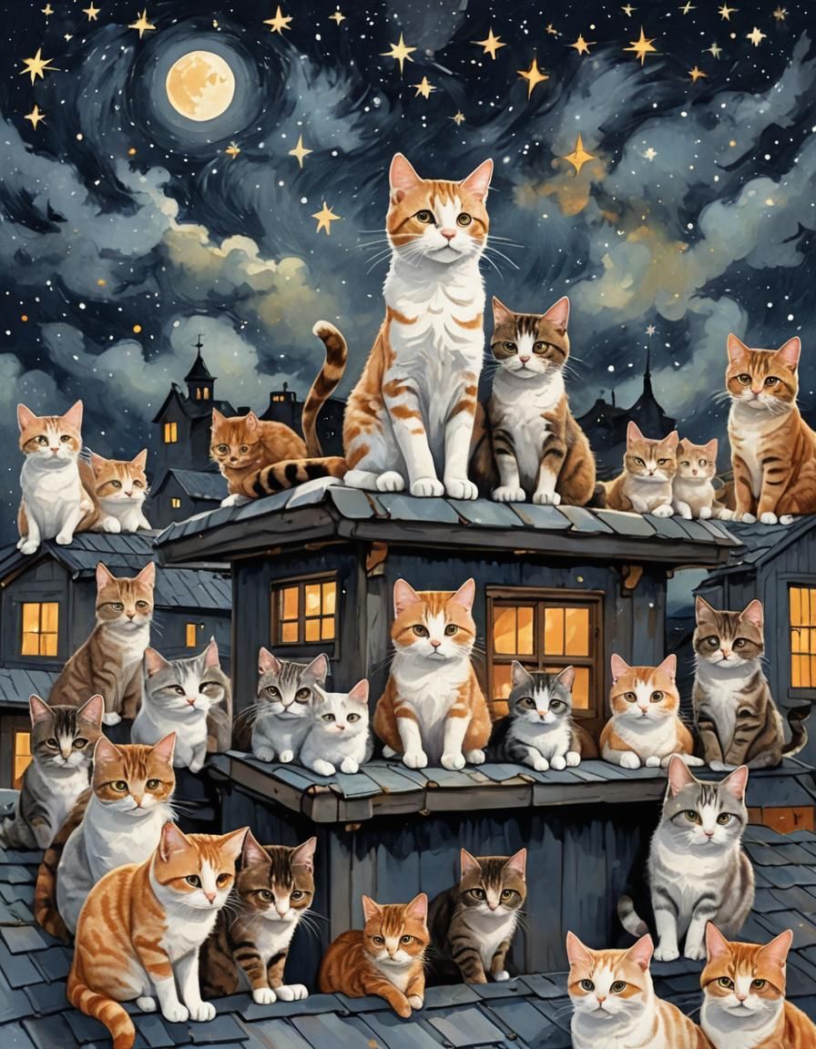 Cat on Roof Surrounded by Cats Under Starry Sky