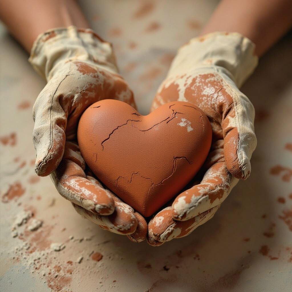 Hands Sculpting Clay Heart in Tactile Realism Style