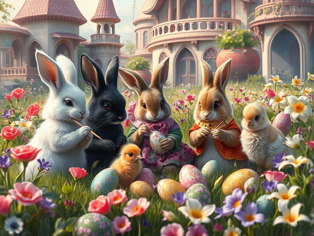 Bunnies Painting Easter Eggs in Art Nouveau Style
