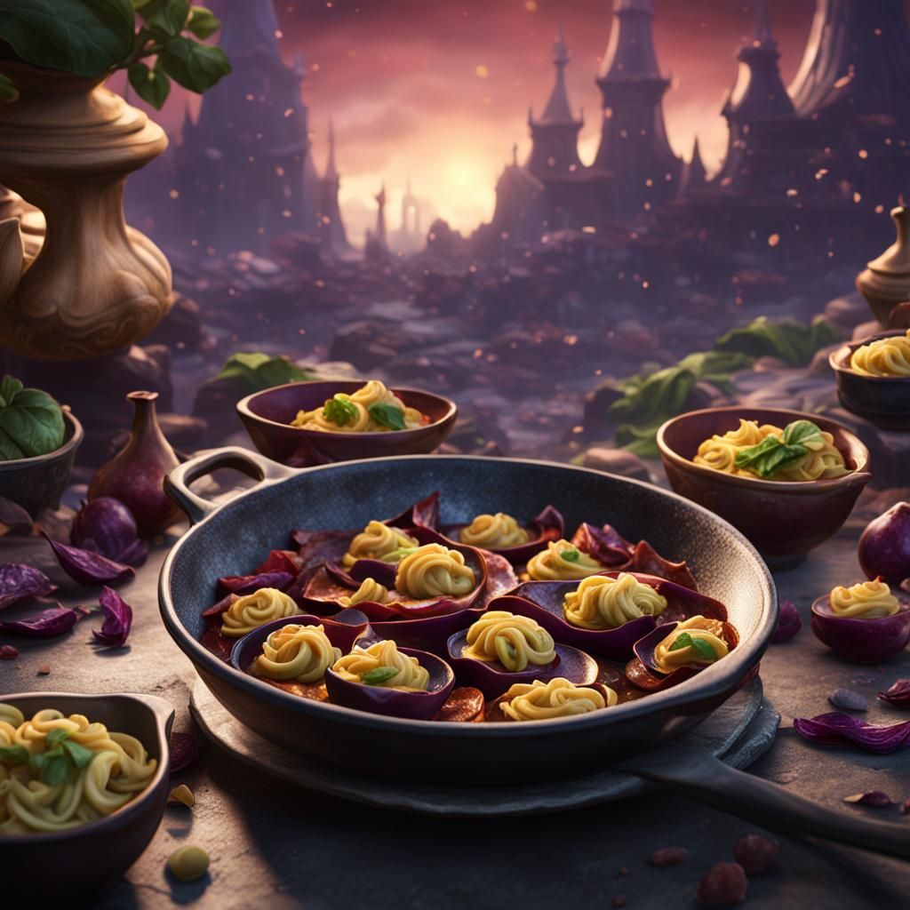 Fantastical Aubergine Tortellini Concept Art