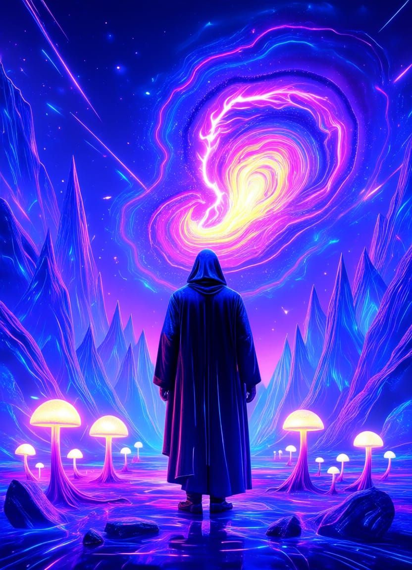 Cloaked Figure on Crystalline Cliff Overlooking Amethyst Neb...