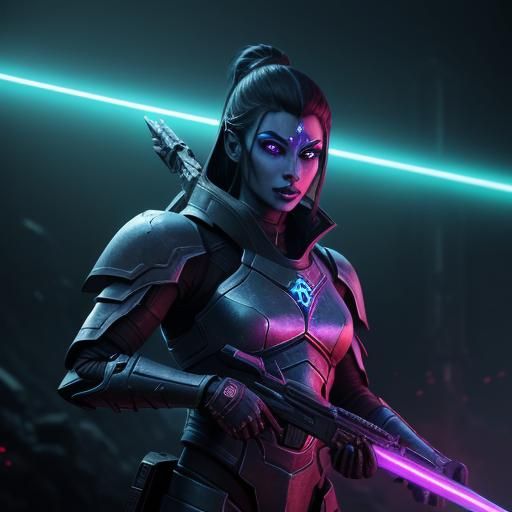 Sci-Fi Drukhari Warrior in Neon-Lit Space Station