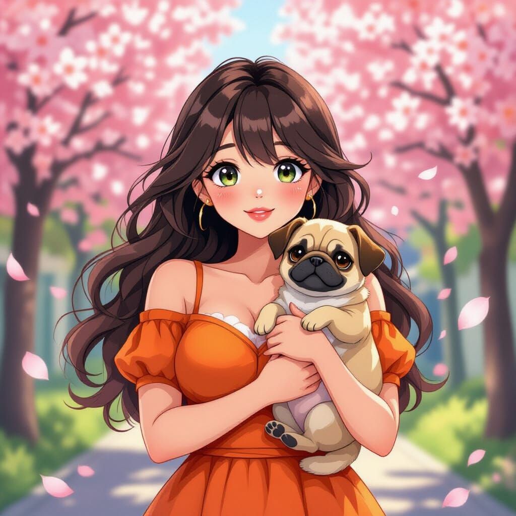 Anime Woman with Pug Puppy and Apricot Blossoms in Studio Tr...