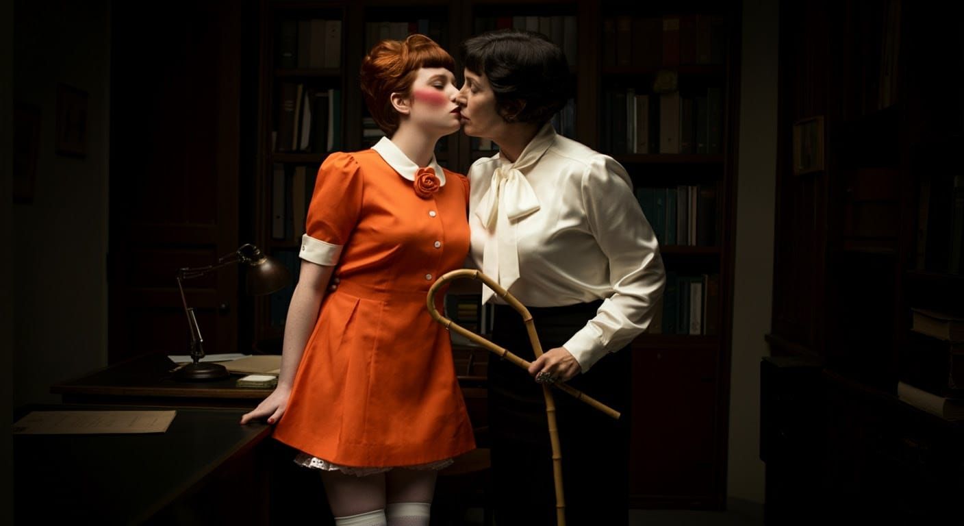 Prim 1960s School Headmistress with Passionate Kiss in Photo...