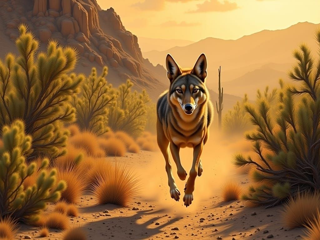 Coyote in Desert Landscape, Wildlife Art Style