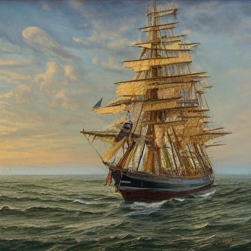 Majestic Tall Ship Sailing on a Calm Sea - Realistic Paintin...