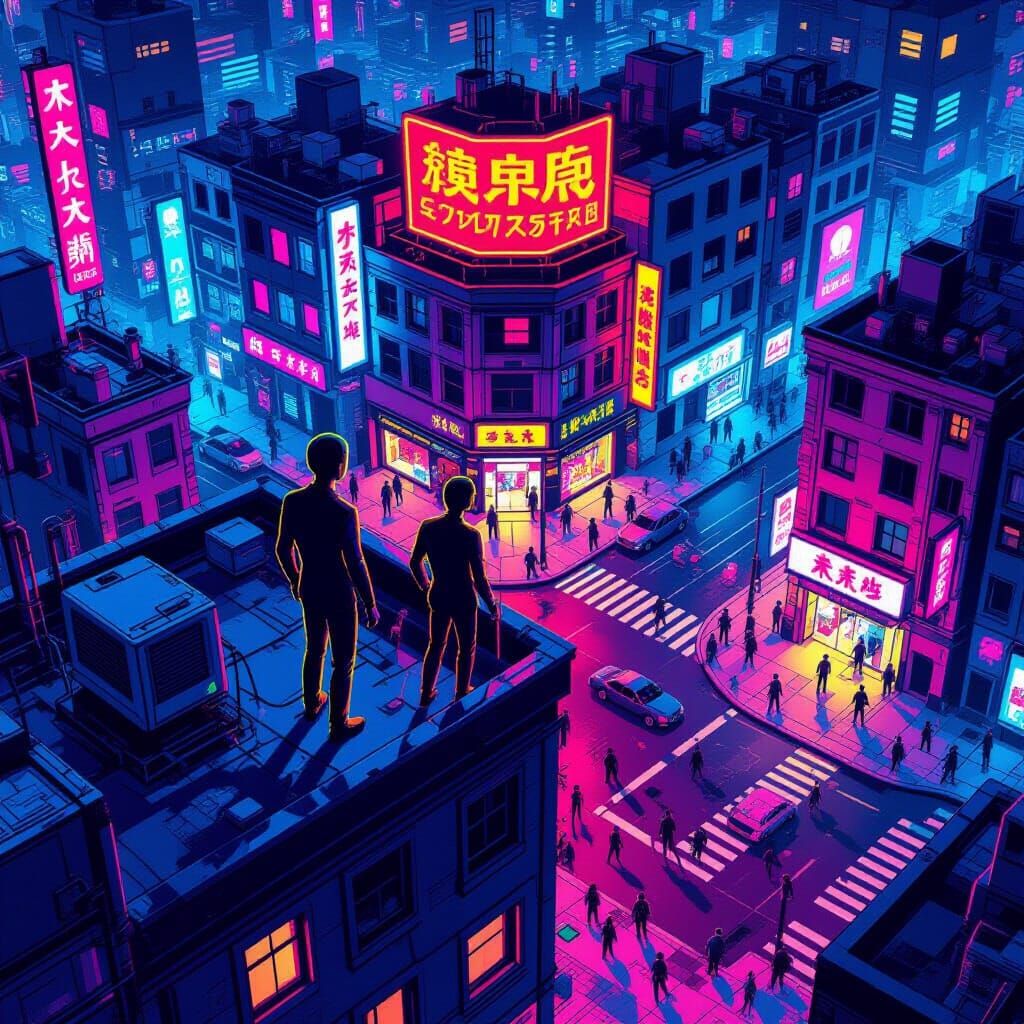 Isometric Stickman Overlooking Cyberpunk Cityscape