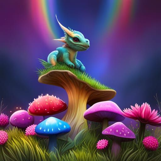 Rainbow and Cute Little Dragon on Mushroom