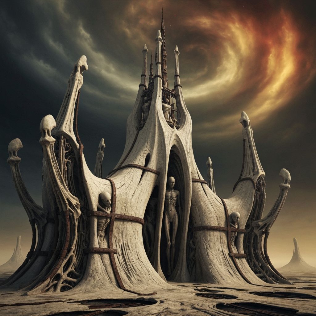 Surreal Bio-Mechanical Cathedral in Desolate Landscape