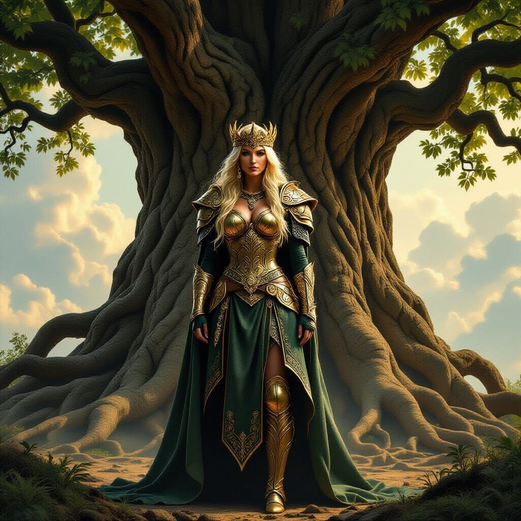 Viking Queen Before Ancient Tree in Dramatic Light