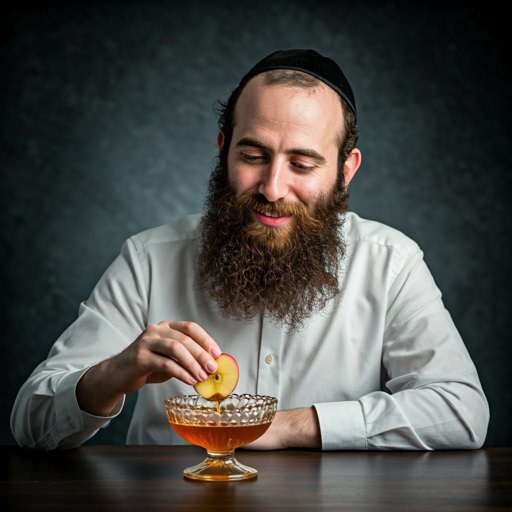 Orthodox Jew Dipping Apple in Honey: Black and White Portrai...