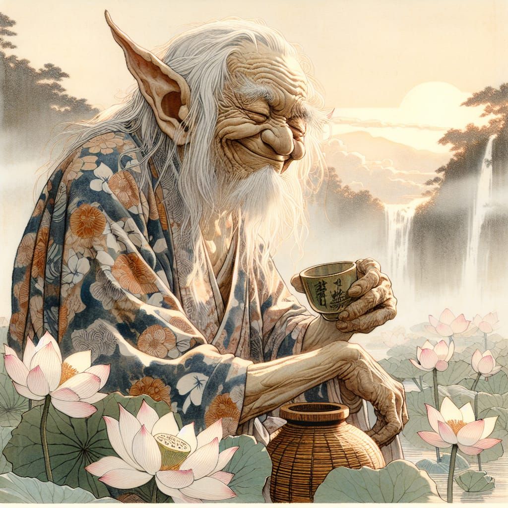 Japanese Goblin's Lotus Tea: Ukiyo-e Style Art