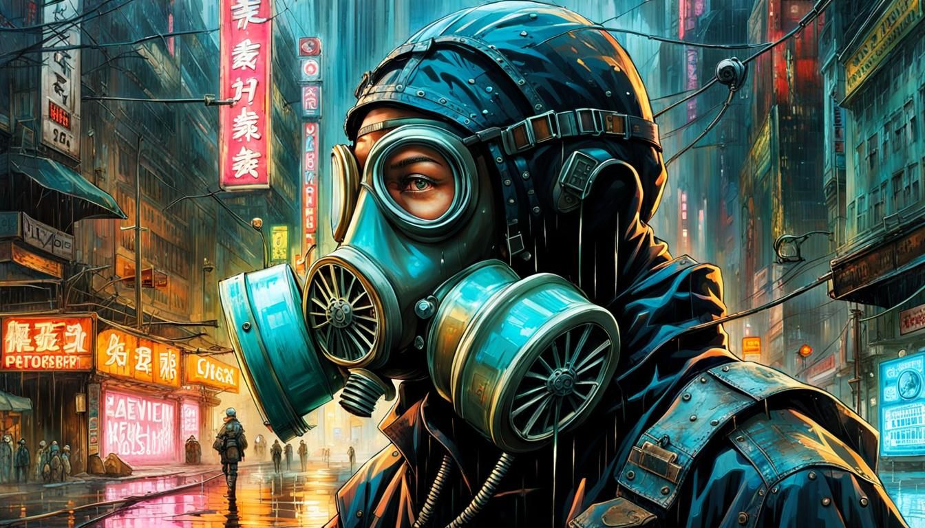 Gas Mask Cyborg in Post-Apocalyptic Cityscape