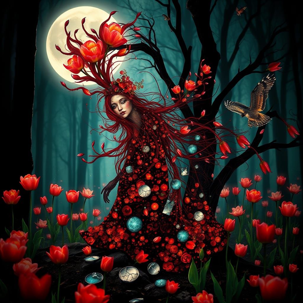 Mystical Woman in Forest, Klimt-Inspired Art