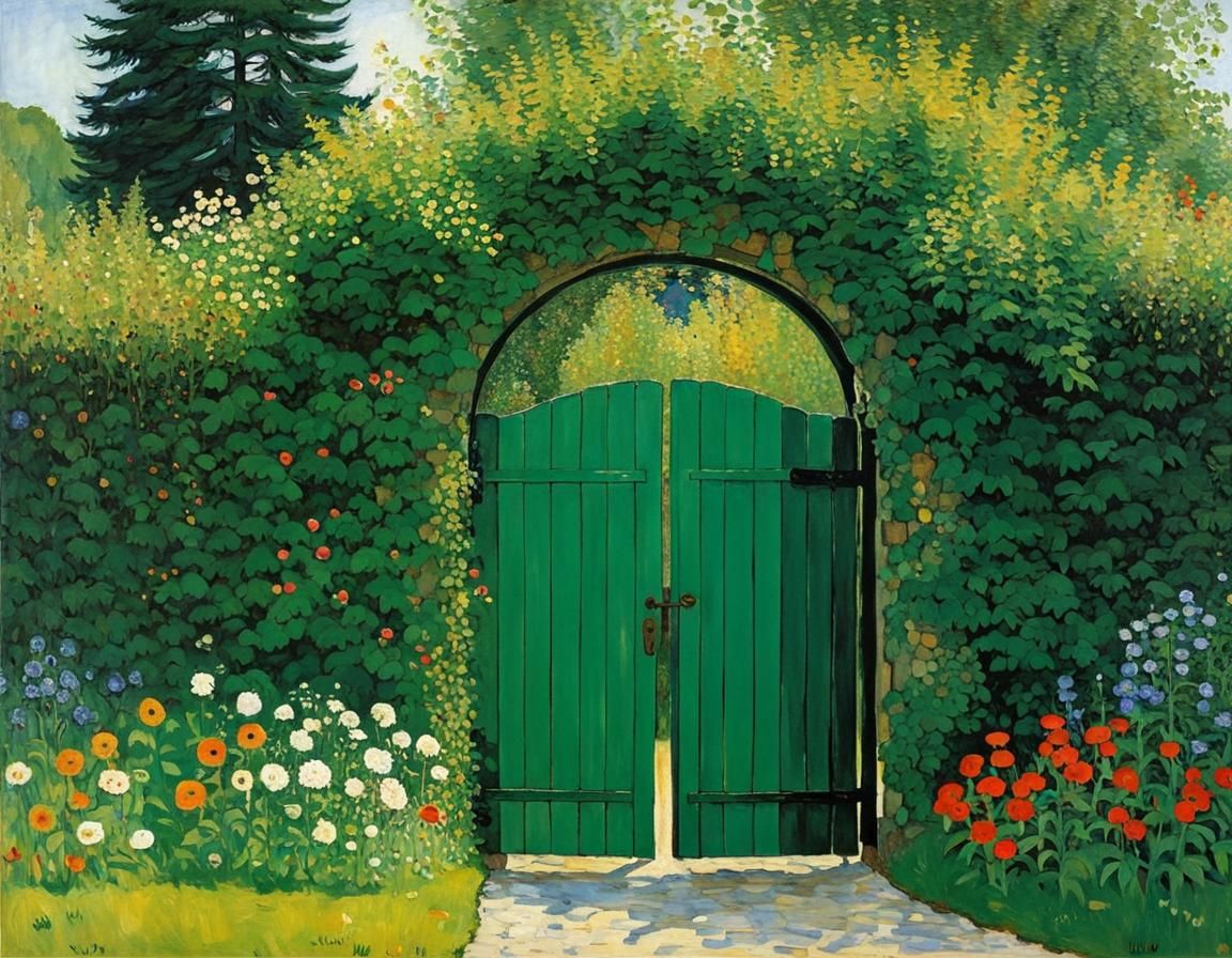 Blooming Garden Through Gate, in Style of Klimt