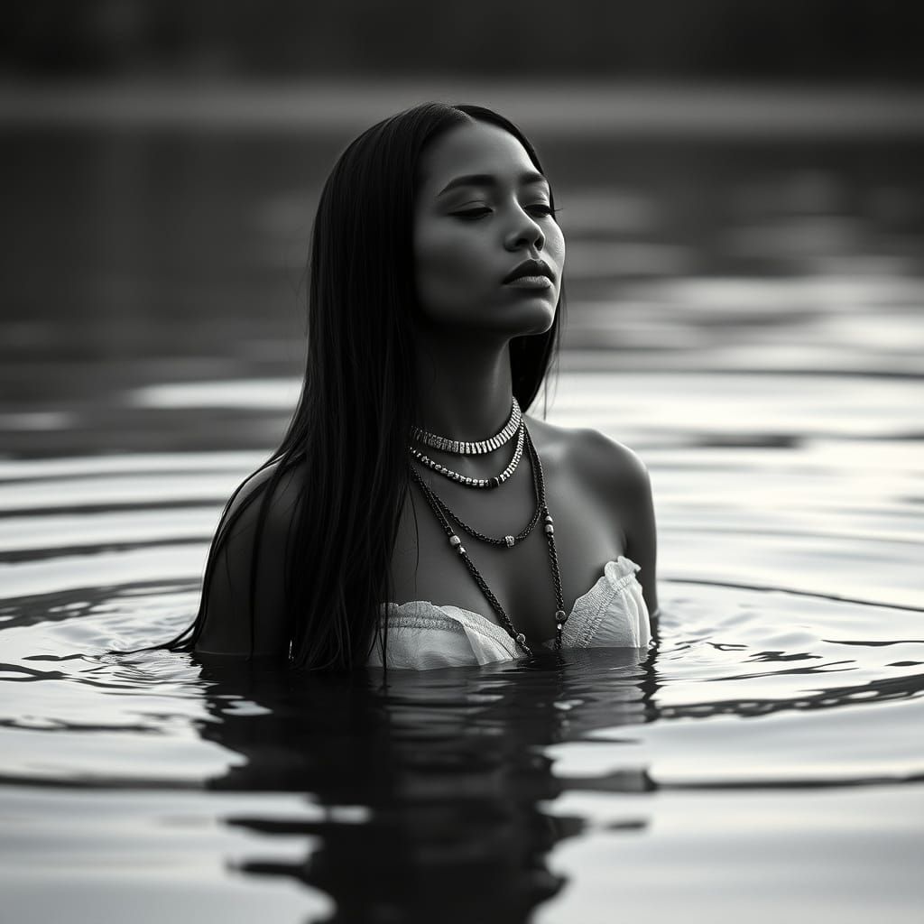 Amerindian Woman Bathing: Black and White Cinematic Portrait
