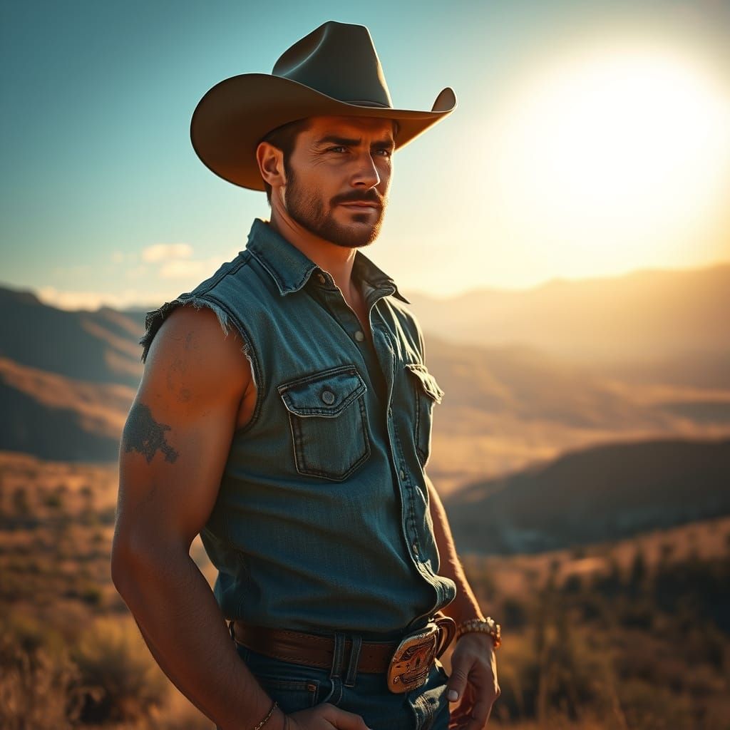 Rugged Cowboy Standing Tall in Photorealistic Landscape
