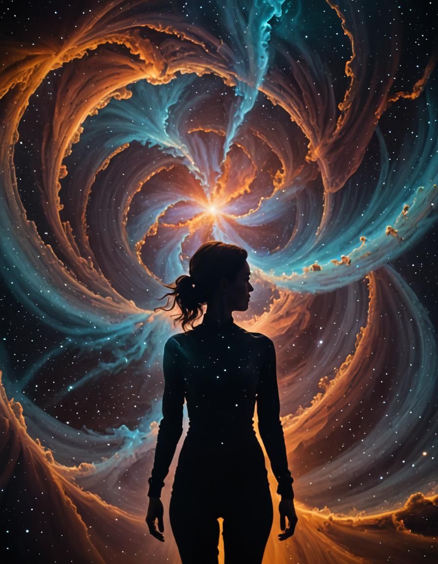 Nebula Silhouette Inside Woman Against Warp Tunnel
