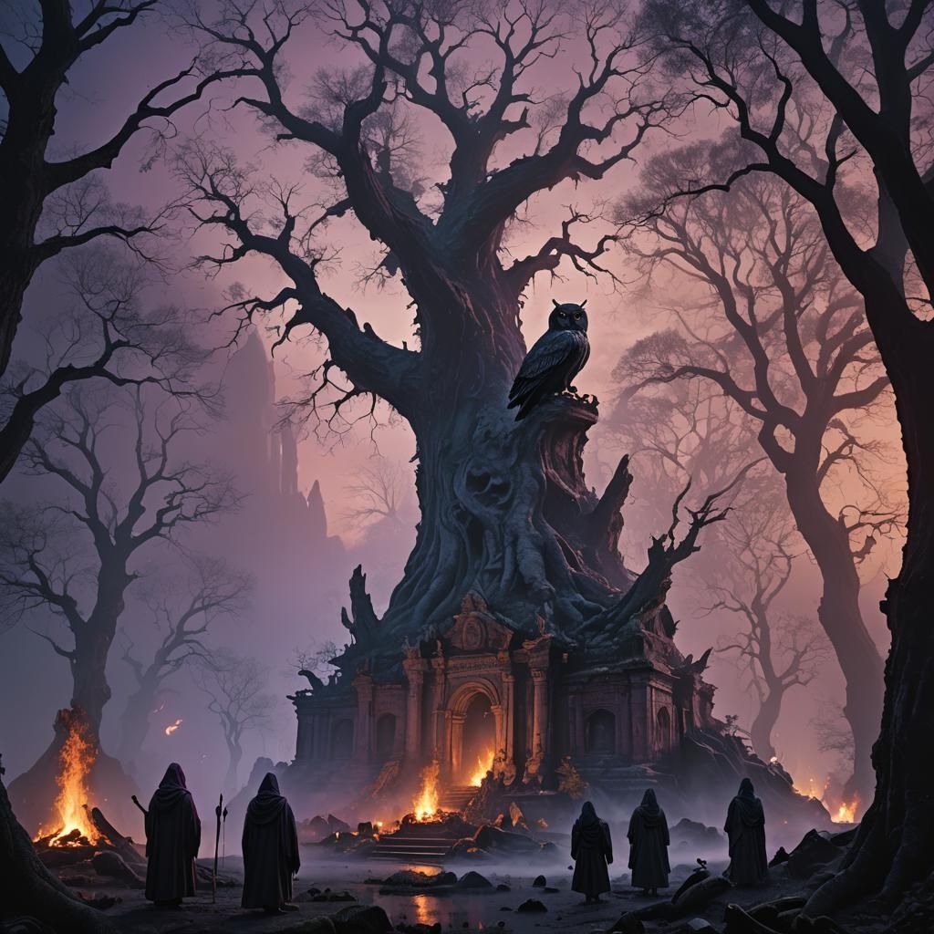 Mysterious Ritual in Ancient Grove: Fantasy Concept Art