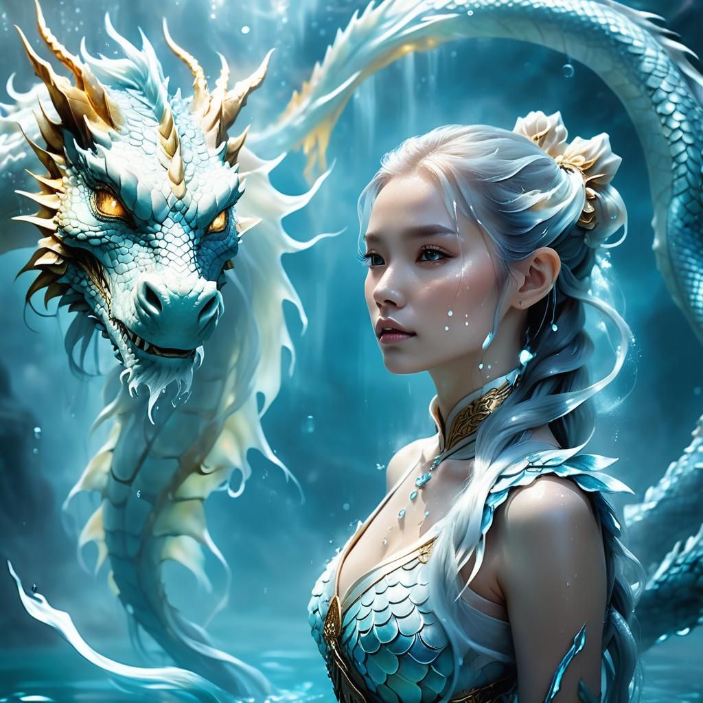 Luminous Dragon Encircles Woman in Misty Bath: Anime Concept