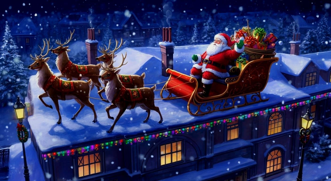 Vibrant Anime Santa Claus Descends into a Snowy Neighborhood