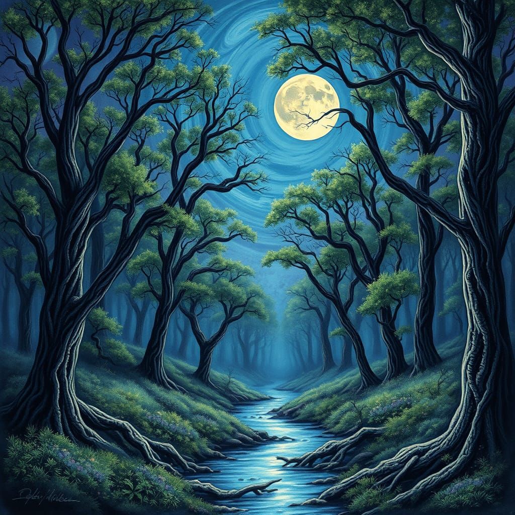 Mystical Forest Under Full Moon Illumination in Dreamlike Wa...