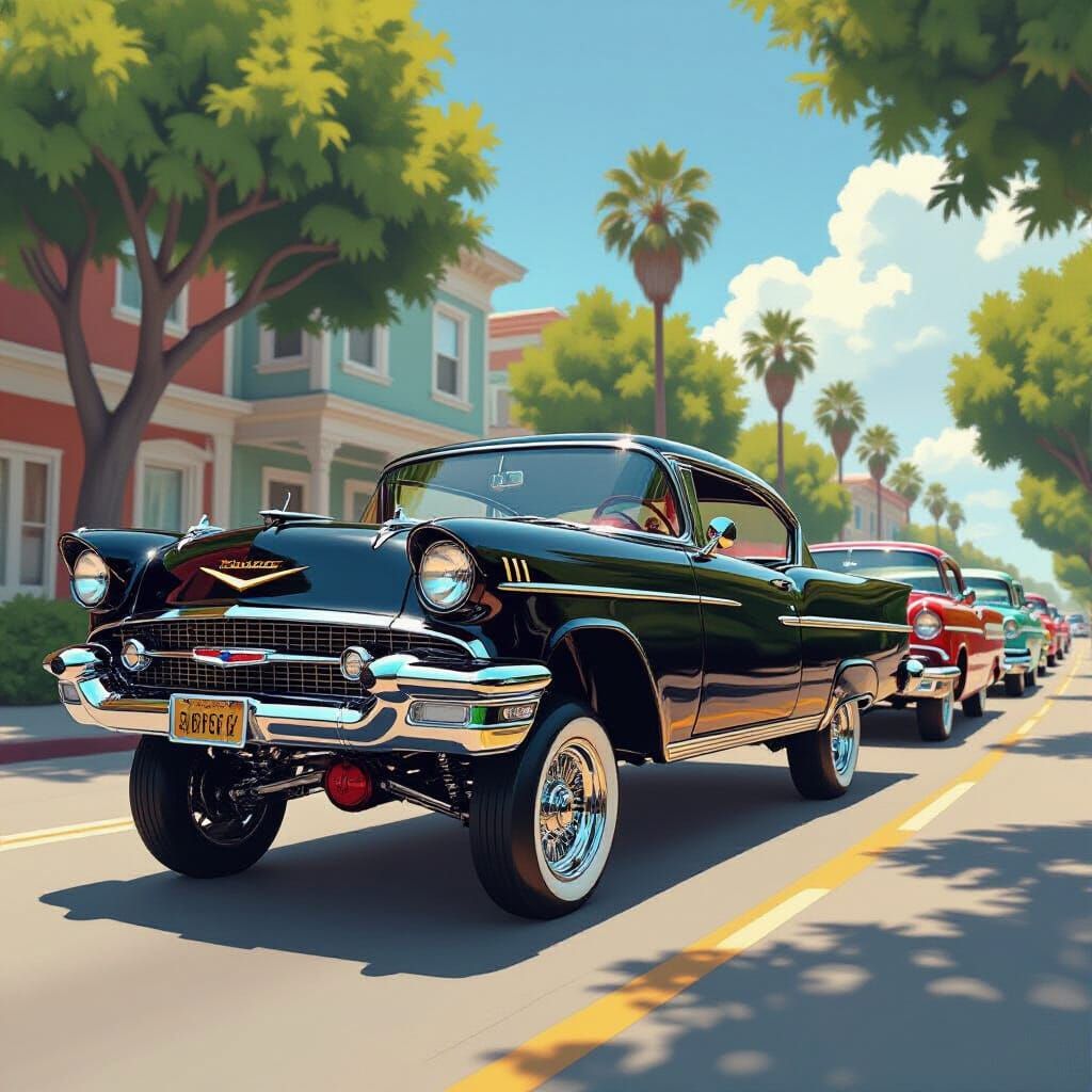 Black Lowrider Rolling Down the Street in Futuristic Style