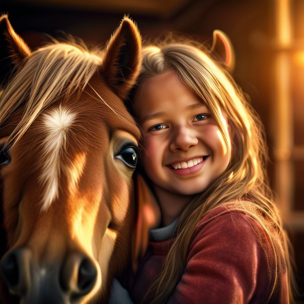 Girl and Shetland Pony in Golden Light